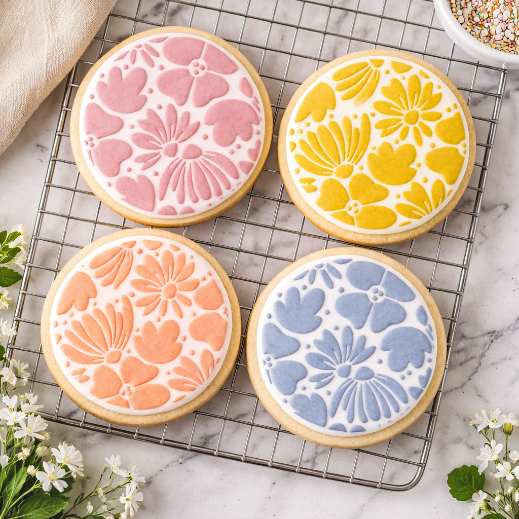 Boho Blossoms stenciled on four round sugar cookies in spring colors, part of new collection at BakeArt Stencils.