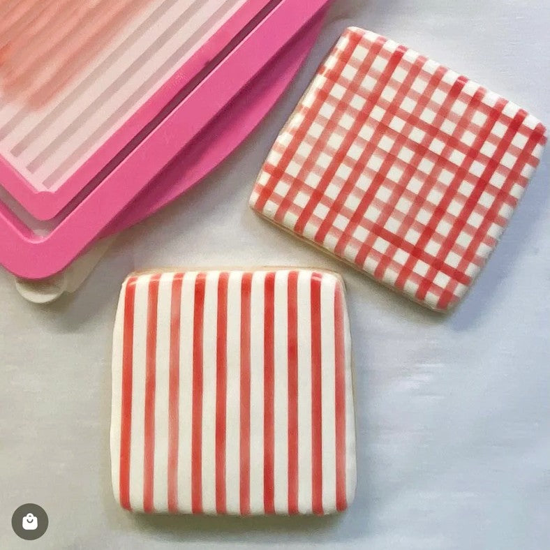 Stripes and Plaids Cookie Stencils, a collected of design that make it easy to decorate straight lines on sugar cookies.