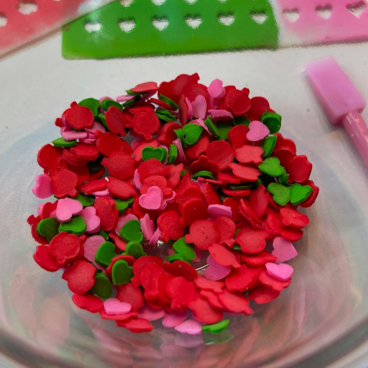 Homemade Sprinkles made with our line of Sprinkle Art Stencils. This photo features a DIY mix is made with our Heart and Apple Sprinkles Stencils.