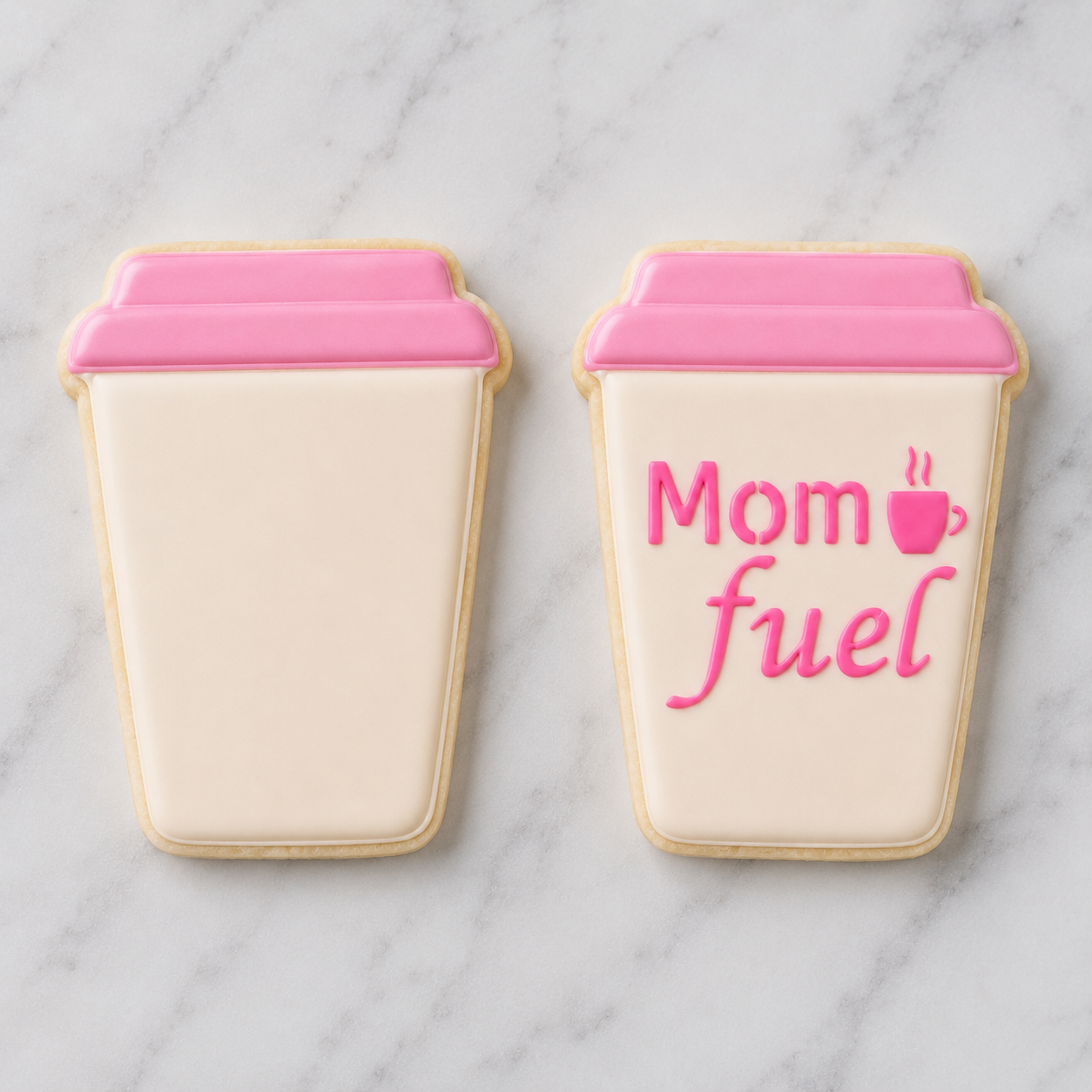 Mom Fuel Cookie Stencil, small size, decorated in pink royal icing and made with the Coffee Cutter.
