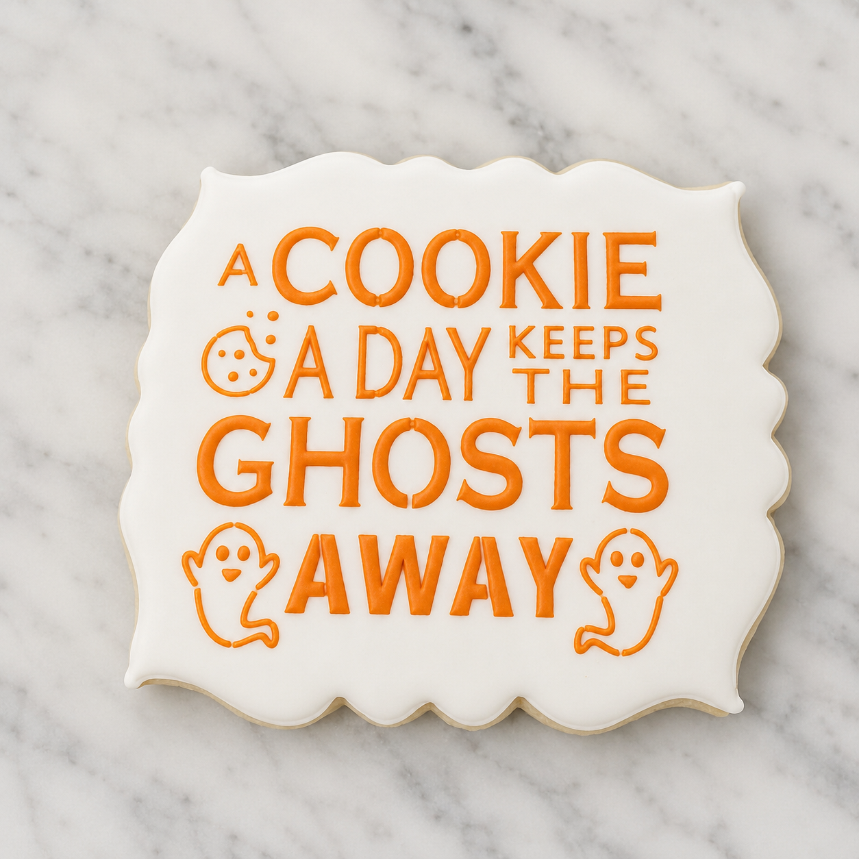 A white, plaque-shaped sugar cookie decorated with the A Cookie a Day Keeps the Ghosts Away Cookie Stencil in orange royal icing and laying on a marble countertop