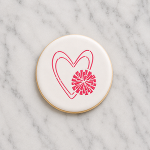 A white round cookie decorated with our Cheer Love Cookie Stencil in dark pink royal icing and show on a carrara marble counter