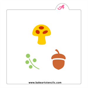 Acorn Mushroom Minis Stencil, features three fall shapes to decorate macarons, covered Oreos and small cookies. 