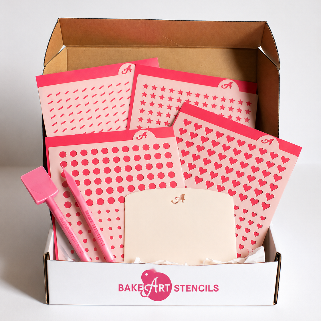 Ultimate Make Your Own Sprinkles: Essential Shapes Set, includes 4 sprinkle stencils, 2 Icing Scrapers and the Sweep and Scoop Tools, BakeArt Stencils