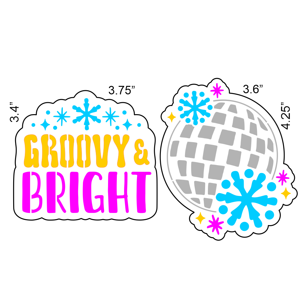 Groovy and Bright Cookie Cutter and Stencil Set, 4 piece set for decorating fun Christmas and Winter Cookies. 