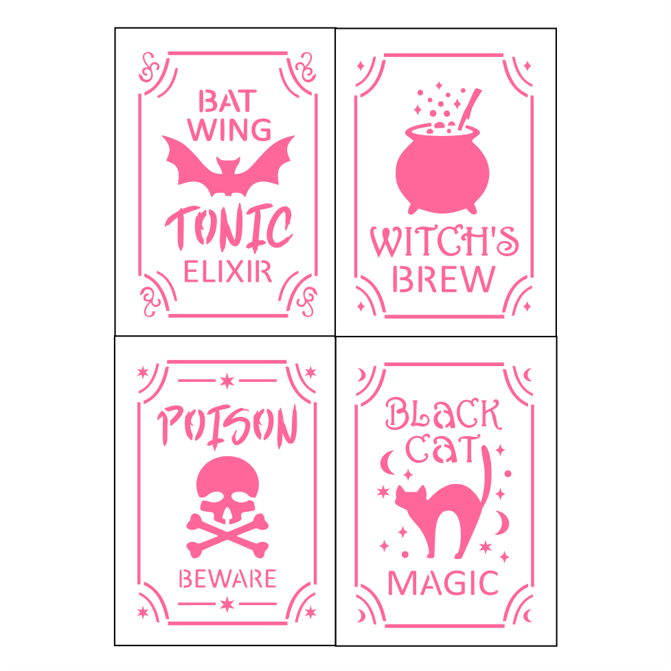 Potion Bottle Labels Stencil Set, 4 designs to decoration Halloween cookies.