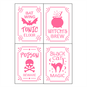 Potion Bottle Labels Stencil Set, 4 designs to decoration Halloween cookies.