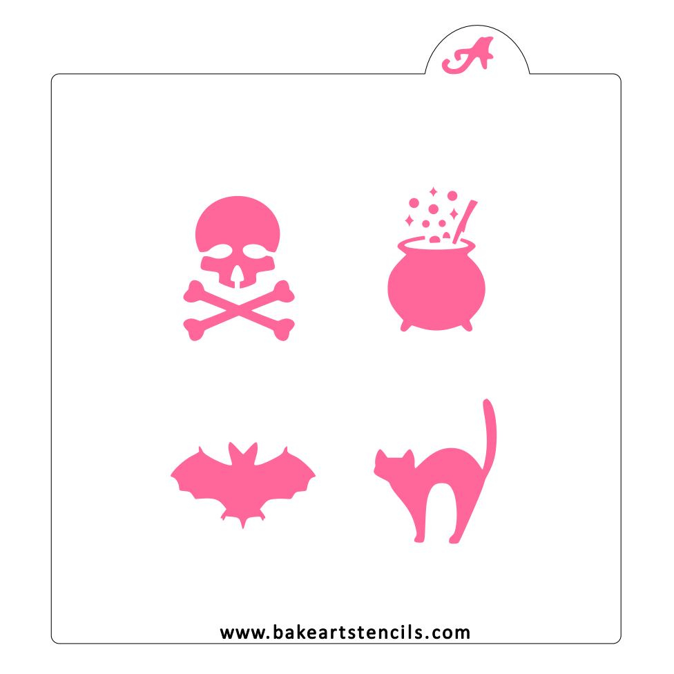 Four white chocolate covered Oreos stenciled with the Spooky Stencil shapes. Royal icing colors include red for the skull and crossbones, lime green for the cauldron, purple for the bat and black for the cat.