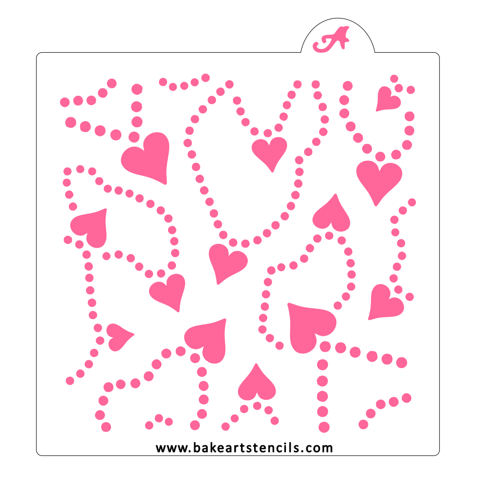 Heart Strands Cookie Stencil, a two piece pattern set of pearl necklaces and hearts for decorating Valentines sweets in a couple of icing colors.