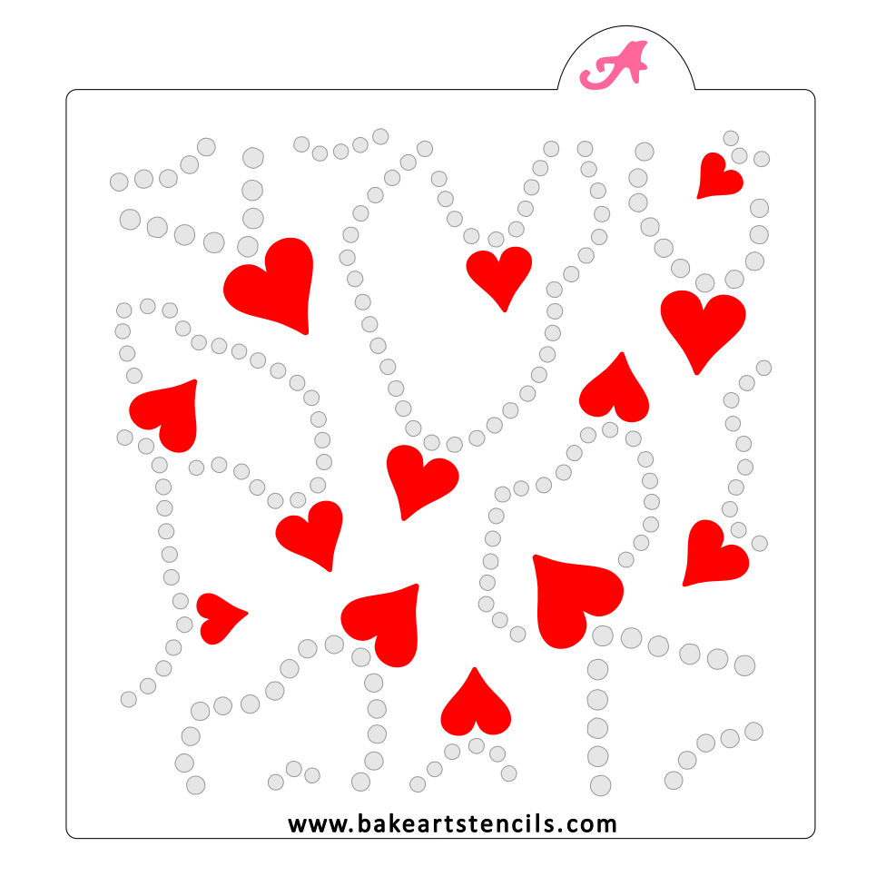 Heart Strands Cookie Stencil, a two piece pattern set of pearl necklaces and hearts for decorating Valentines sweets in a couple of icing colors.