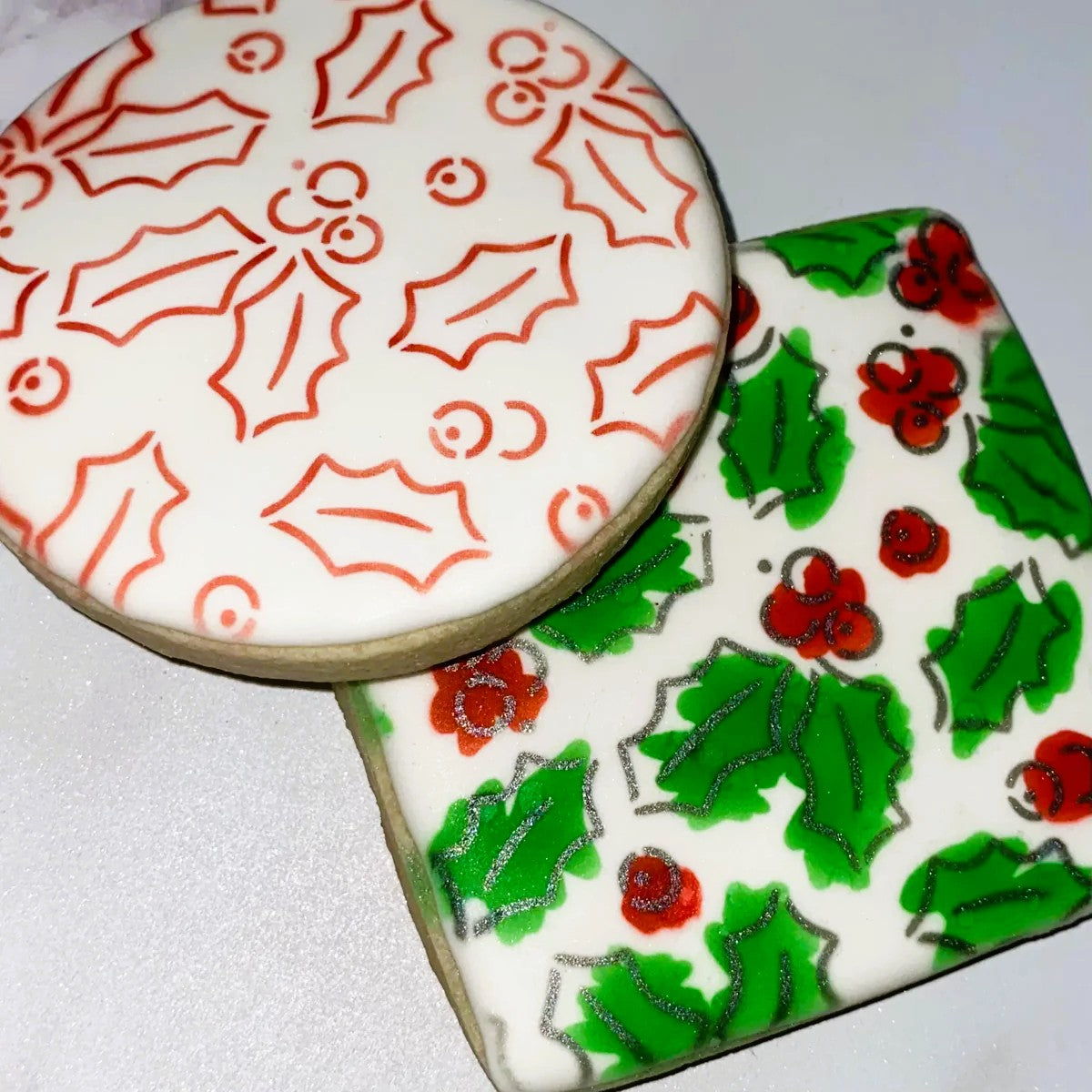 Holiday Holly Cookie Stencil Set, a 3 piece design for decorating beautiful Christmas Cookies.