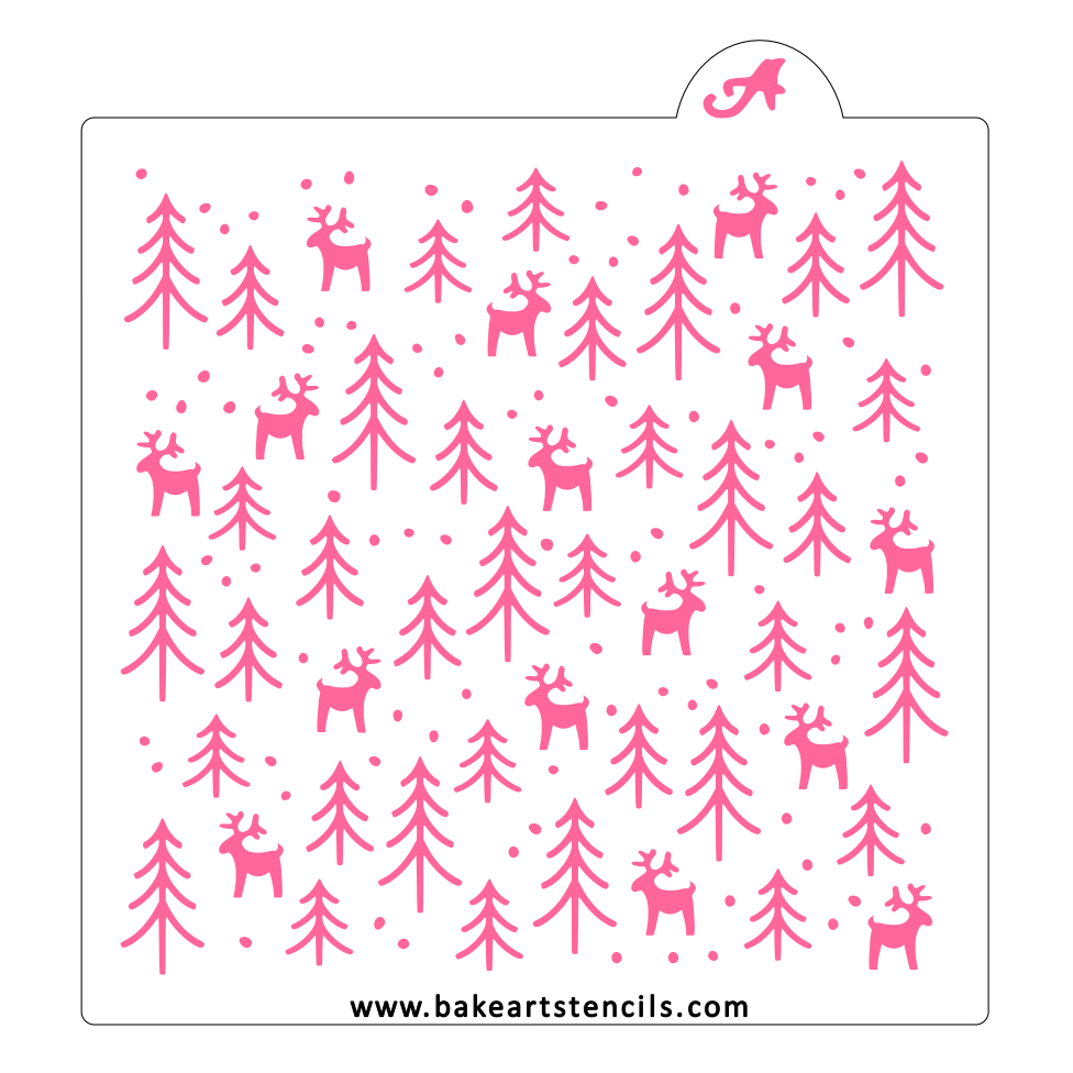 Nordic Winter Pattern Stencil: Deer, Pine Trees bakeartstencil