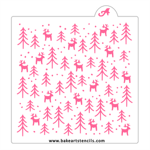 Nordic Winter Pattern Stencil: Deer, Pine Trees bakeartstencil