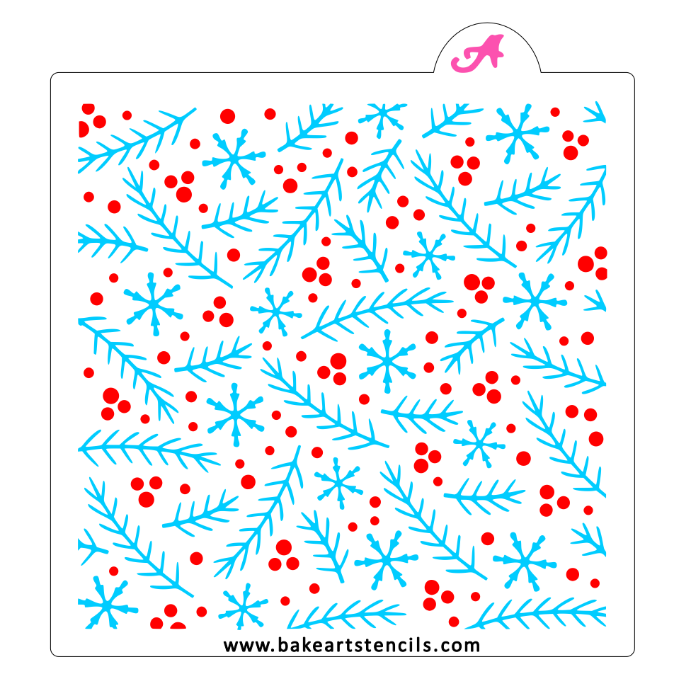 Snow Berries Cookie Stencil, a 2-piece set for decorating colorful winter cookies.