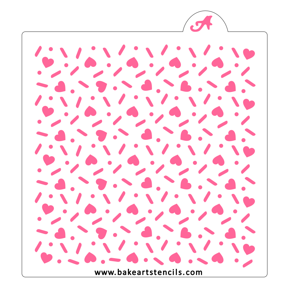 Sugar Hearts Pattern Cookie Stencil, a design of sprinkles, hearts and polka dots that is great to decorate Valentine cookies and lots more.