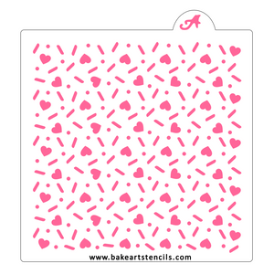 Sugar Hearts Pattern Cookie Stencil, a design of sprinkles, hearts and polka dots that is great to decorate Valentine cookies and lots more.