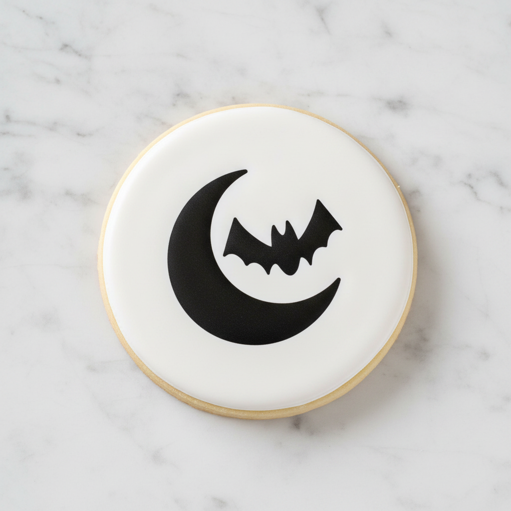 A white, round sugar cookie decorated with the Bat and Moon Cookie Stencil in black royal icing, laying on a marble counter, BakeArt Stencils