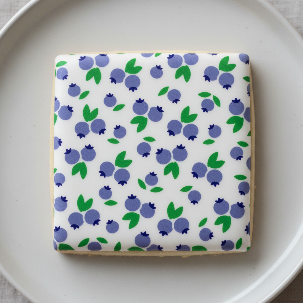 Square sugar cookie flooded in white royal icing and decorated with this Blueberries Cookie Stencil, a 3-piece set. 