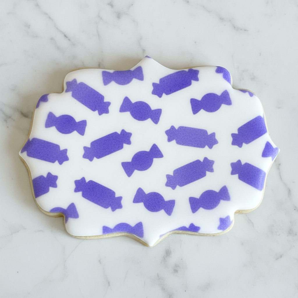 A plaque shaped sugar cookie, airbrushed with our Candy Pattern Cookie Stencil in purple, laying on a marble countertop, BakeArt Stencils
