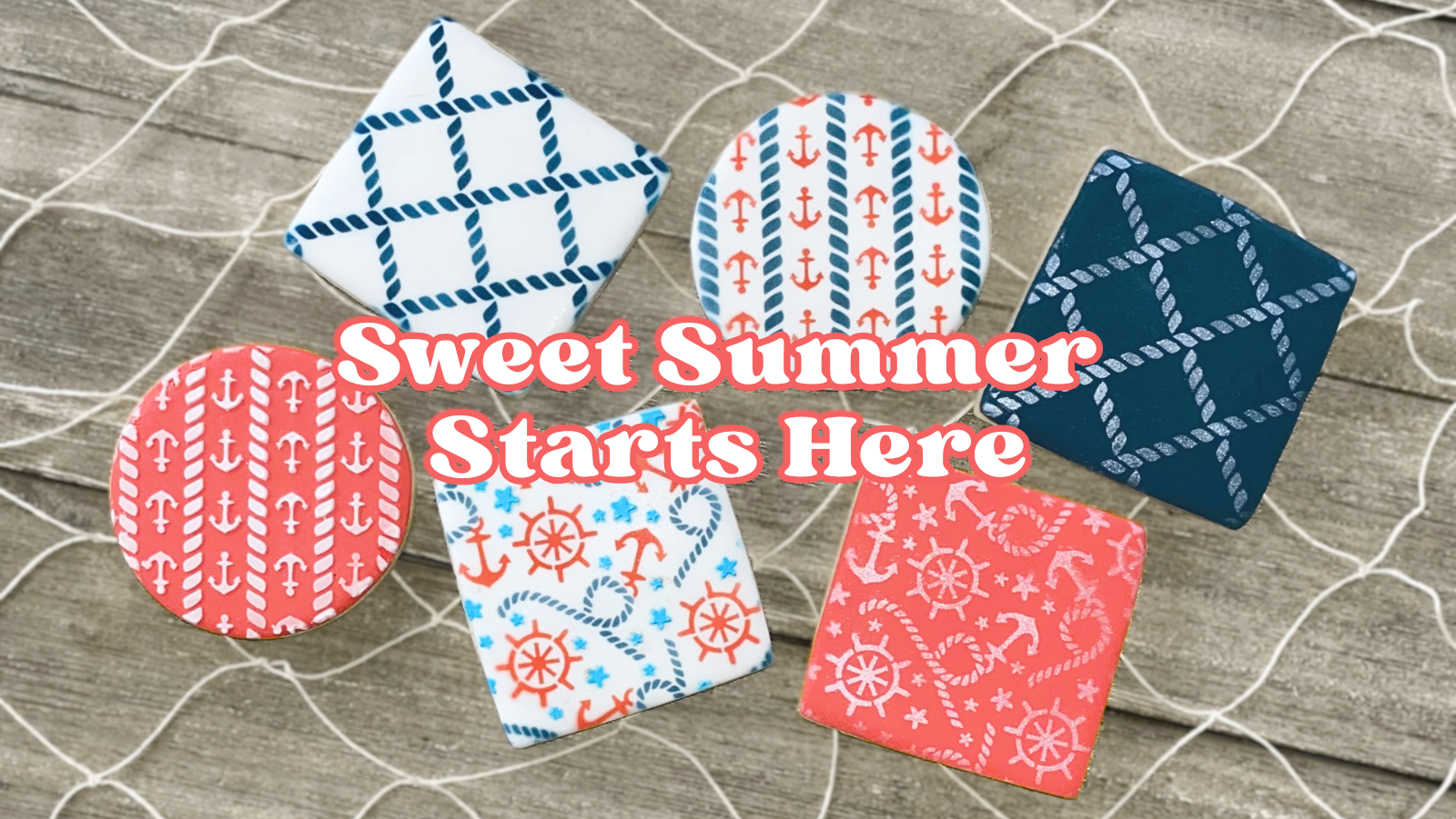 Round and square shaped sugar cookies decorated in red, white and blue royal icing and stenciled with nautical designs of ropes, anchors and stars.