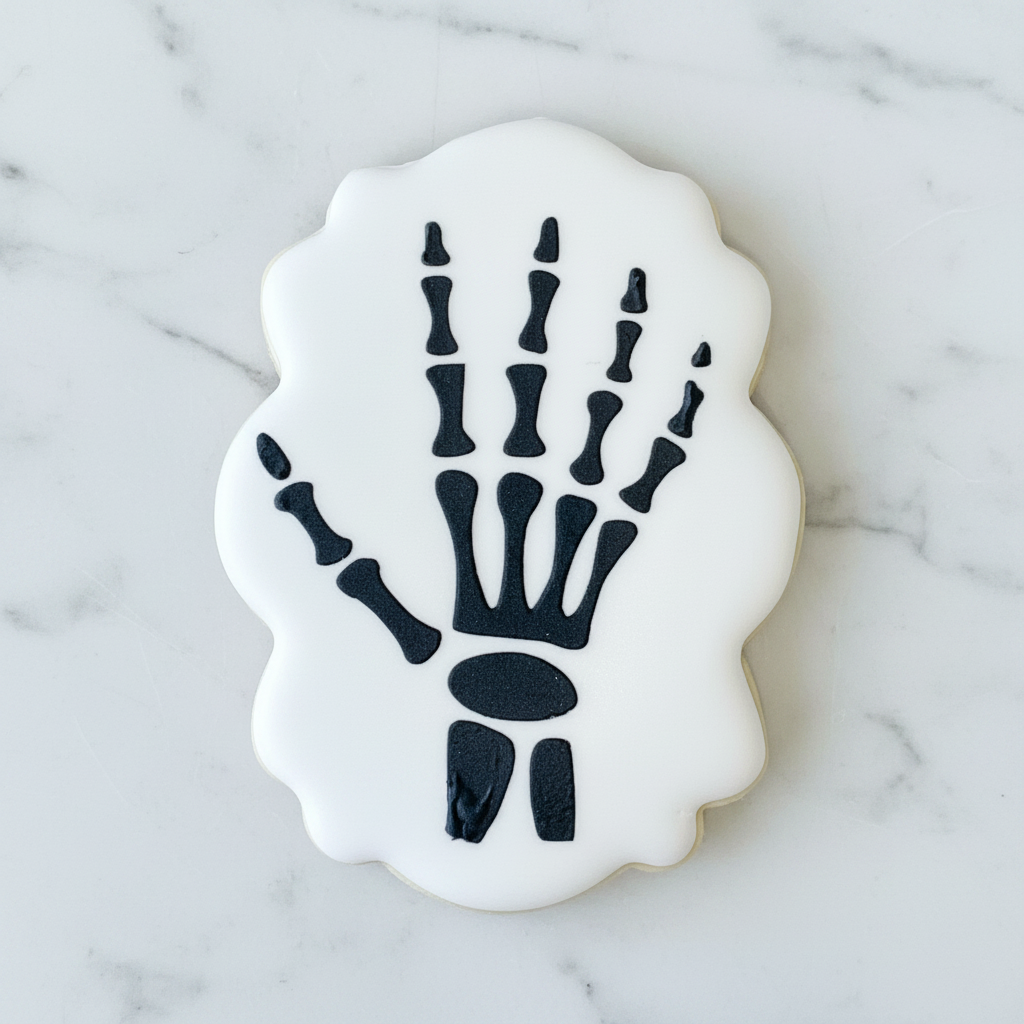 Skeleton Hand Cookie Stencil decorated in black royal icing on a white, plaque shaped sugar cookie.