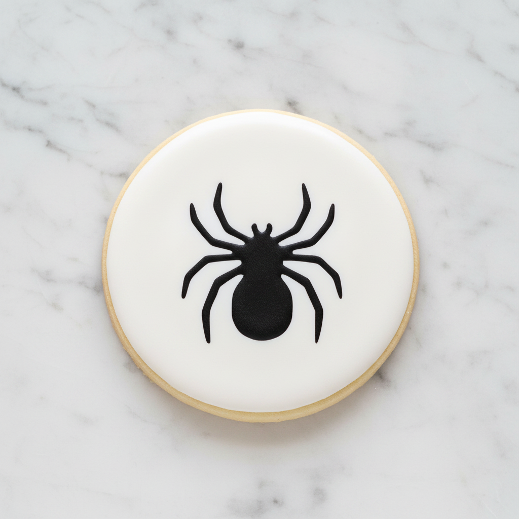 A white round sugar cookie decorate with our Spider Cookie Stencil in black royal icing, laying on marble counter, BakeArt Stencils