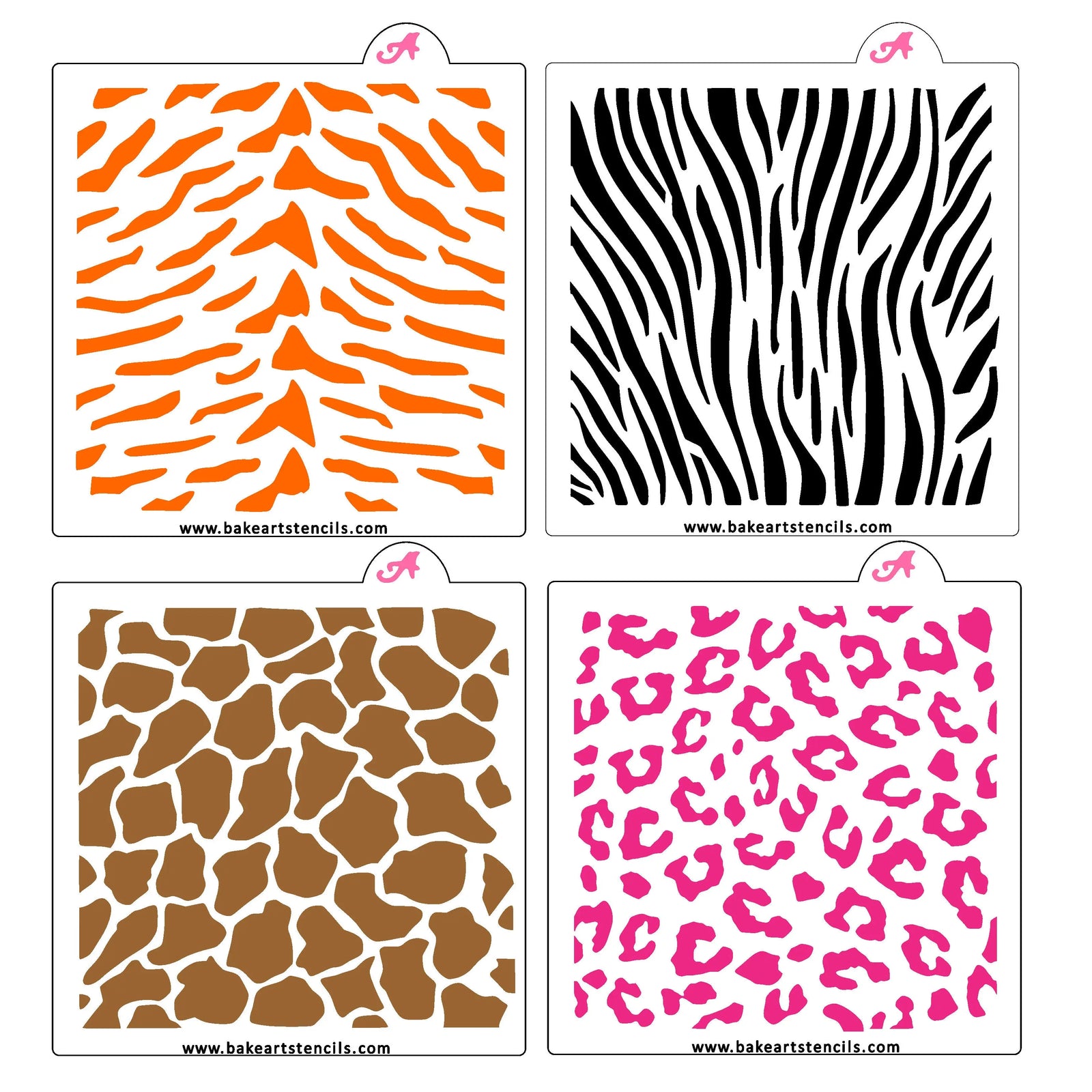 Animal Prints Cookie Stencil Bundle, a 4-piece set for decorating wild sugar cookies.