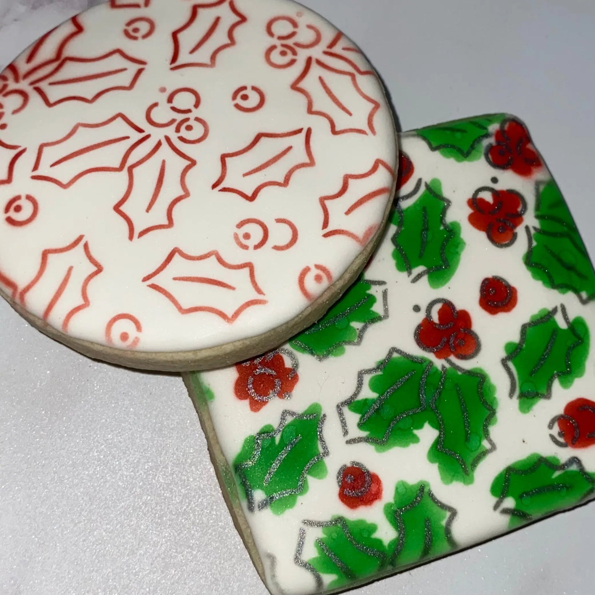 Holiday Holly Cookie Stencil Set, a 3 piece design for decorating beautiful Christmas Cookies.